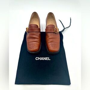 CHANEL vintage monk strap square cap toe loafers shoes cognac Sz 37 1/2 Women’s